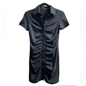 Women’s Short Sleeve Black Button Down Dress. Stretchy and lined. Spandex